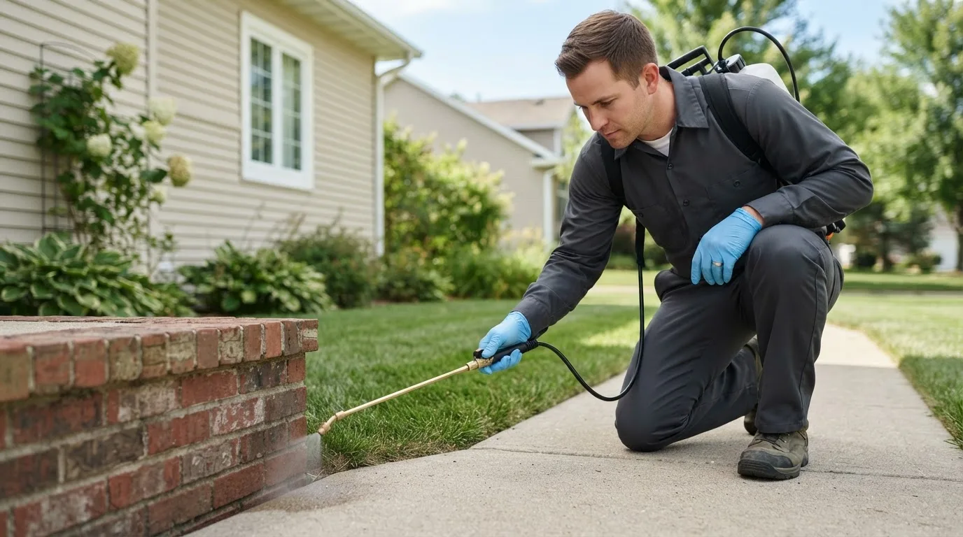 Pest control technician treating a home near Arlington, IN