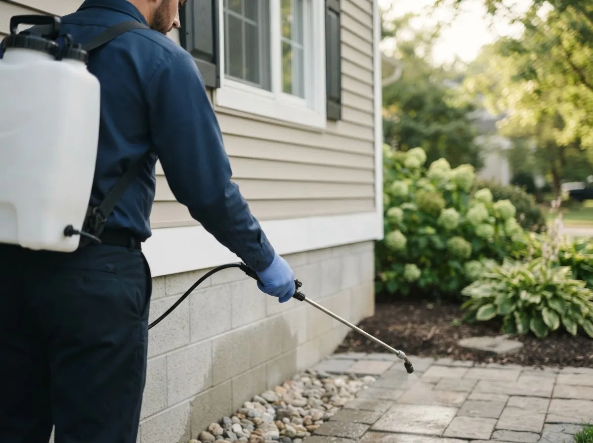 Pest control technician inspecting a home in Arlington, IN